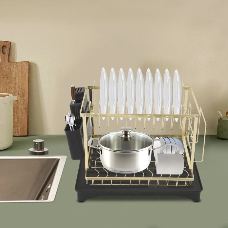 2-stöckiger Geschirrtrockner aus Karbonstahl mit Utensilienhalter und Abtropfschale für die Küchentheke (Schwarz + Gold)