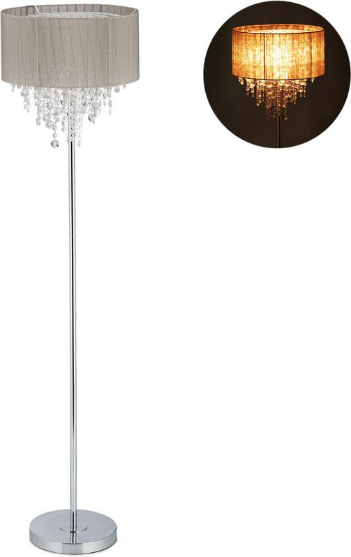 Stehlampe Kristall, Lampenschirm aus Organza, runder Standfuß, E27, Stehleuchte, HxD: 151,5x38 cm, grau/silber - Relaxda...