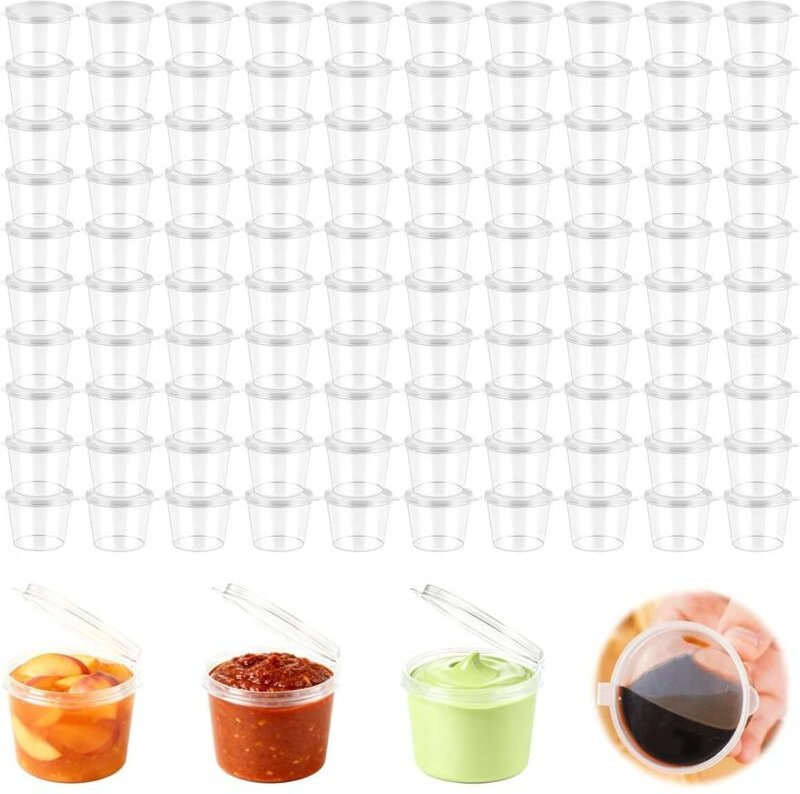 100 kleine 25-ml-Kunststoff-Saucengläser mit Deckel, versiegelt, transparent, mikrowellengeeignet, für Ketchup/Dips
