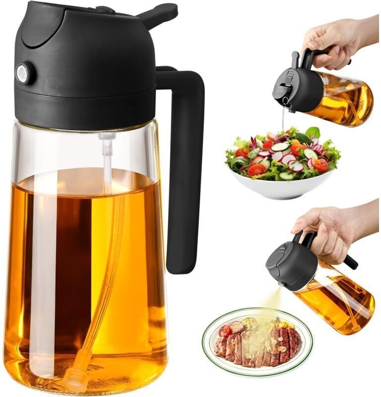 470 ml Ölsprüher und -spender 2 in 1, Olivenölspender-Ausgießer für Küche, Heißluftfritteuse, Salat, Grillen (schwarz)