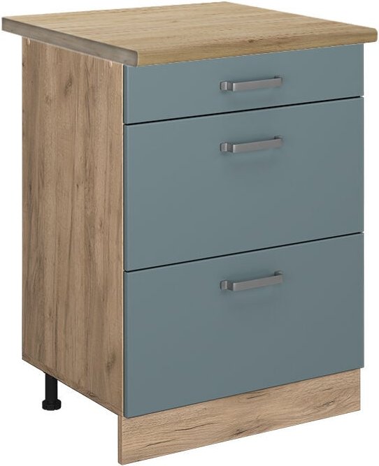 Vicco - Küchenunterschrank R-Line, Blau-Grau, 60 cm mit Schubladen, ap Eiche