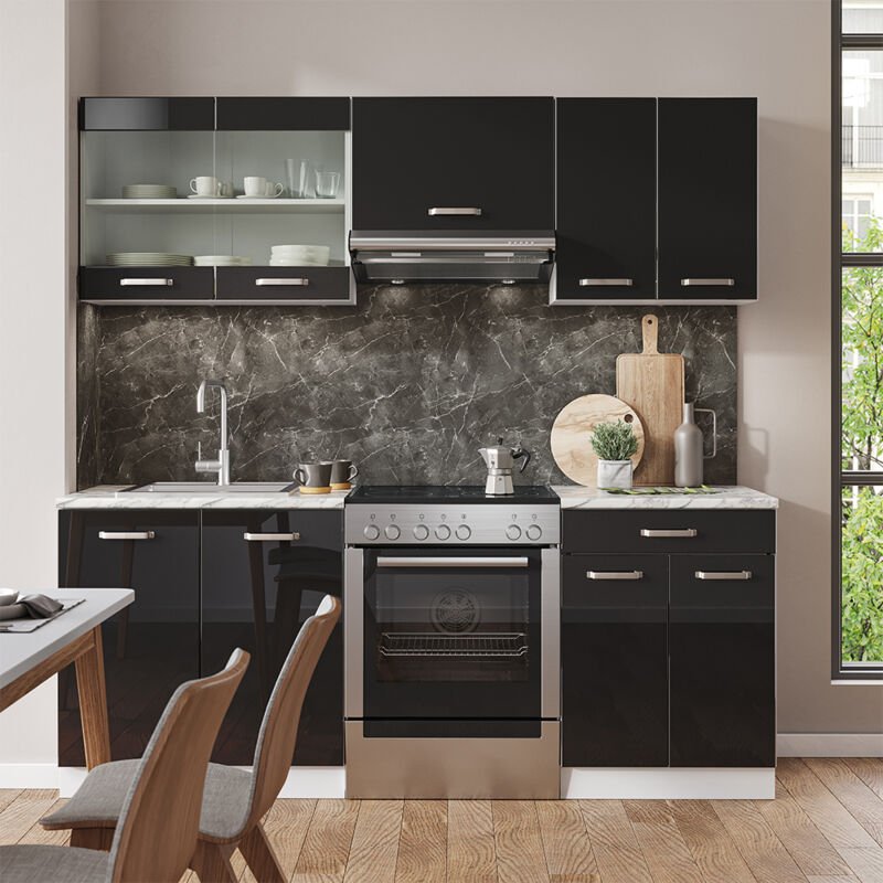 Vicco - Komplettküche R-Line, Schwarz Hochglanz/Weiß, 200 cm Ohne Arbeitsplatte