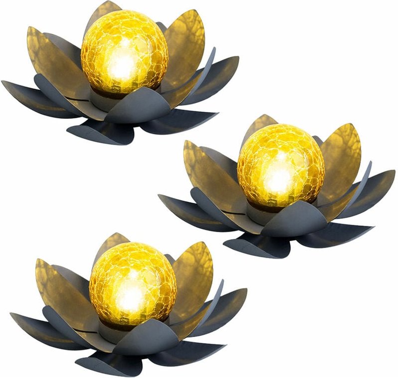 Asia Garten Lotusblüte Deko Solar Lotusblüte für Außen Gartenleuchte Deko Leuchten, Crackle Glas Metallblätter grau, 1x ...