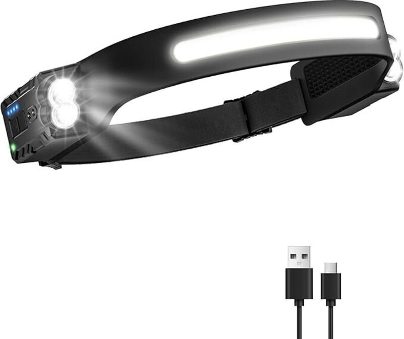 Extrem leistungsstarke, wiederaufladbare LED-Stirnlampe, superleicht, mit Bewegungssensor und langer Akkulaufzeit für Ca...