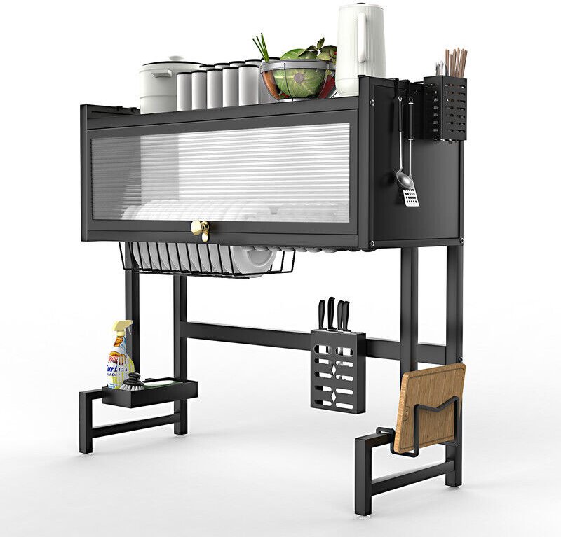 2‑stöckiger Geschirrständer über Spüle aus Karbonstahl mit Schiebetür, Haken und Ablagekorb, Rostfrei und Schwarz, Platz...