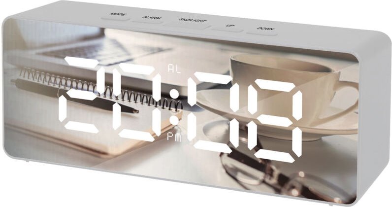 Uhr mit Wecker, Thermometer und Spiegel