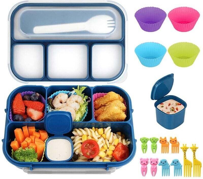 Bento-Lunchbox mit 4 Fächern, Soßenbehälter, Besteck, Snackspieße und Muffinformen für die Schule/