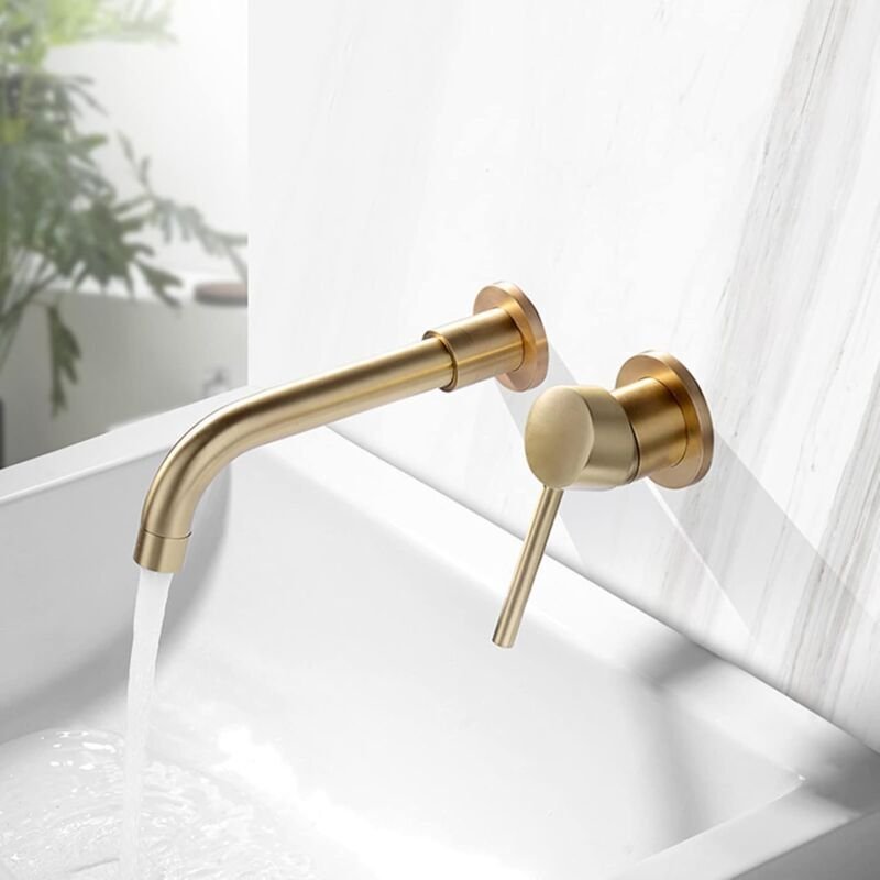 Wandmontierte Waschtischarmatur, Messing, 360° schwenkbarer Auslauf, Warm- und Kaltwasser, Einhebel-Wandarmatur, gebürst...