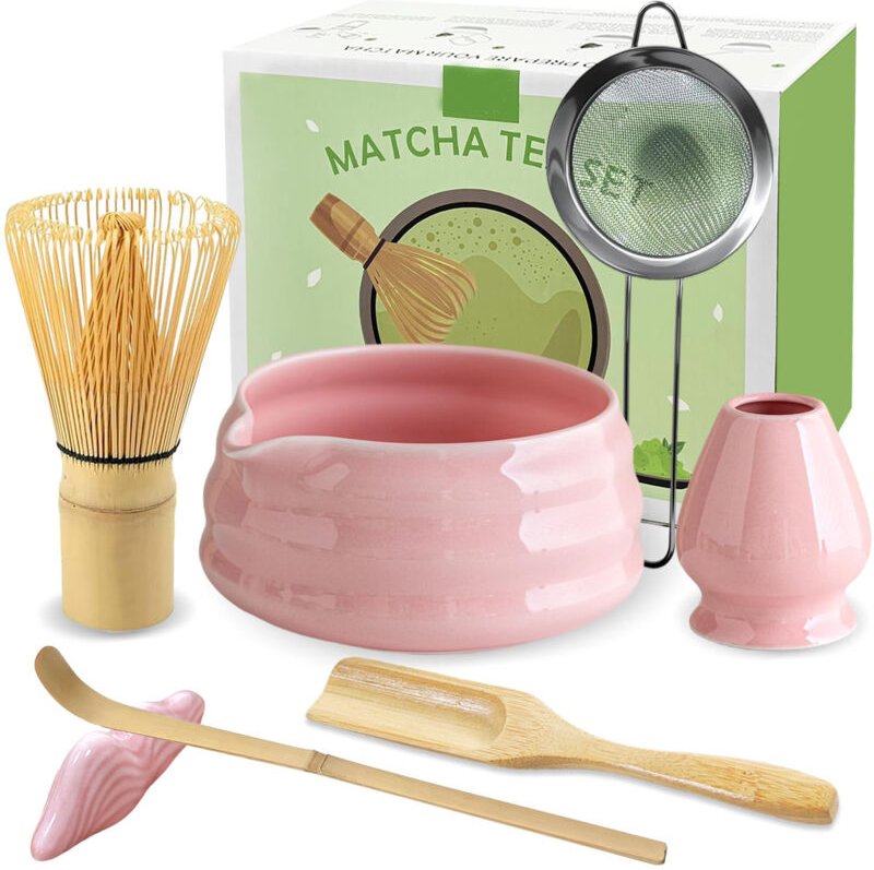 5-teiliges Matcha-Set – Bambusbesen, Matcha-Schale mit Tülle, Geschenkidee für die Matcha-Zeremonie – Rosa