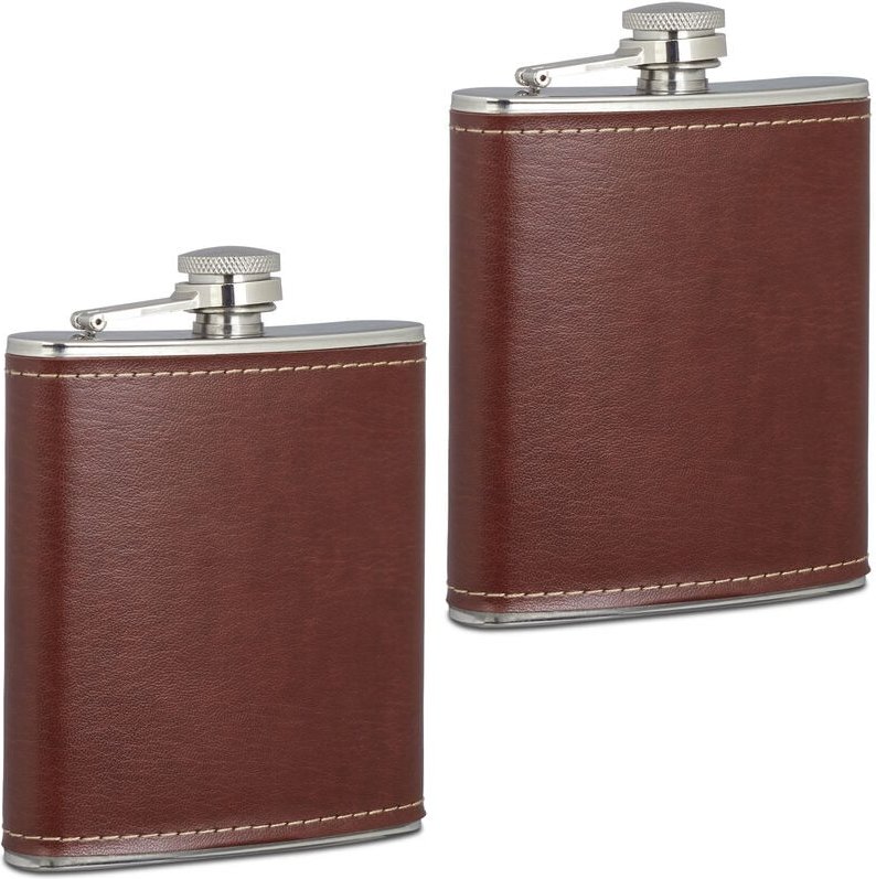 Relaxdays - Flachmann 2er Set, 200 ml, Edelstahl Schnapsbehälter mit Kunstleder Hülle, kleine Taschenflasche, braun/silb...
