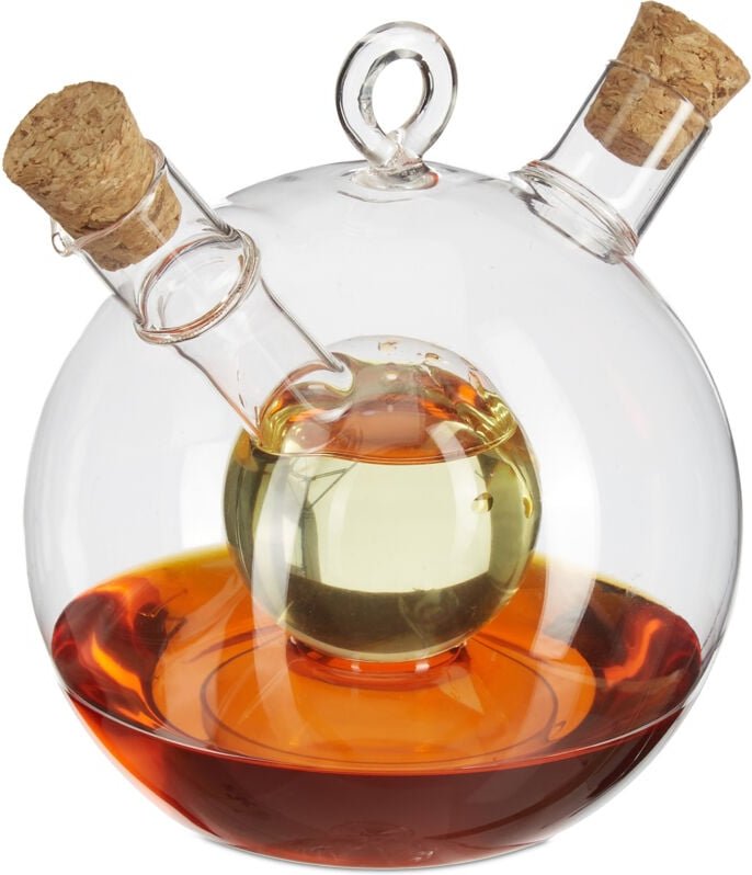 2 x Essig- und Ölspender, 2 in 1, Ölflasche mit Korken, 375 ml und 50 ml, Essig und Öl in einem, aus Glas, transparent