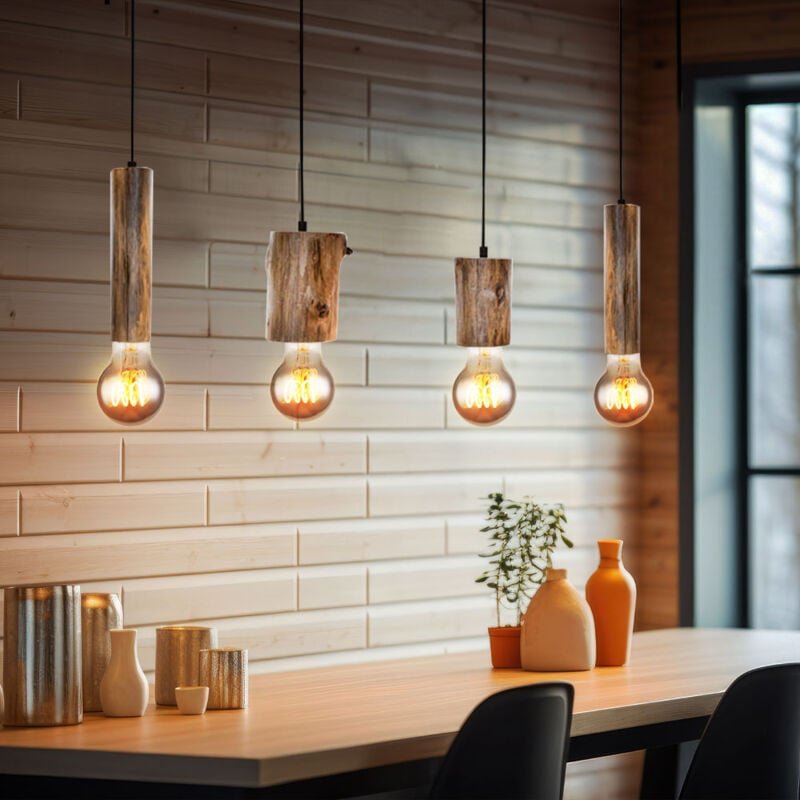 Nowa - Pendelleuchte Holz Hängeleuchte Vintage Deckenlampe Küchen, Metall schwarz Eukalyptus, 4 flammig, h 150 cm, Esszi...