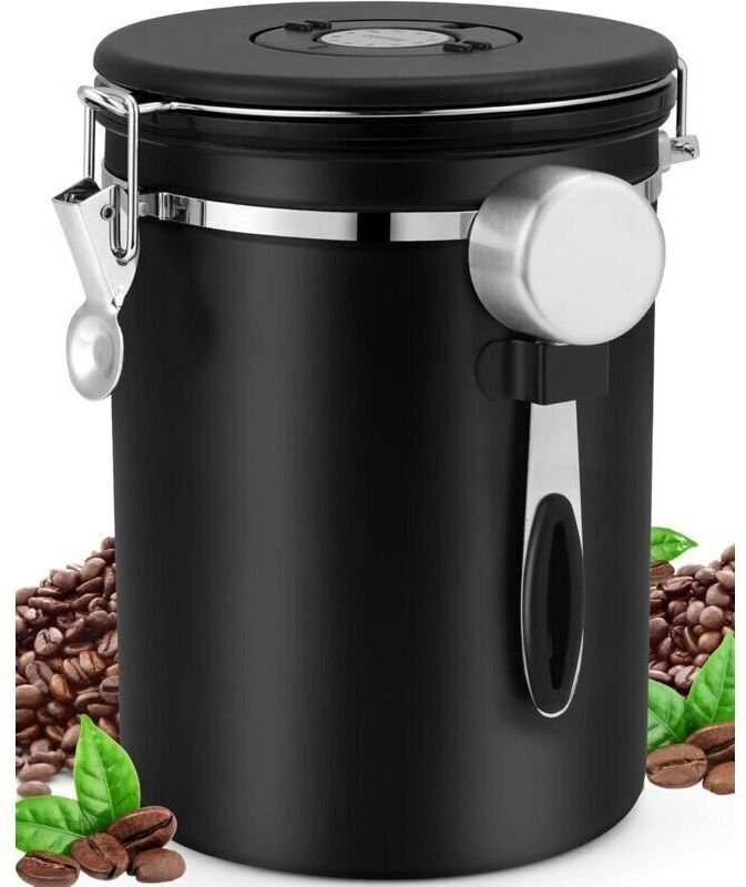 Luftdichte Kaffeedose, Bohnenkaffeedose mit Messlöffel (2,8 l, Schwarz)