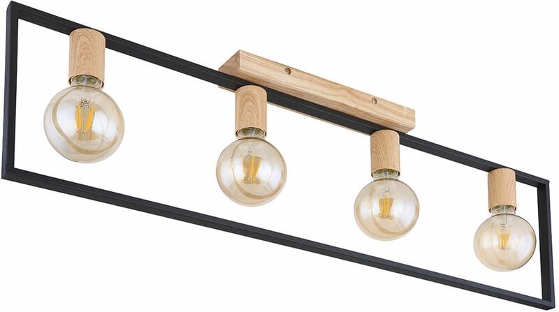Deckenlampe Deckenleuchte Wohnzimmerleuchte Küchenlampe, Metall schwarz Holz braun, 4 Flammig, E27, l 90 cm