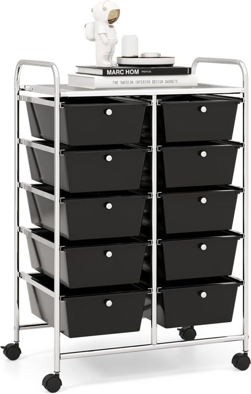 GOPLUS Rollwagen mit 10 Schubladen stapelbar, Rollcontainer mit Ablage & Metallgestell, Badregal, Aufbewahrungswagen, fü...