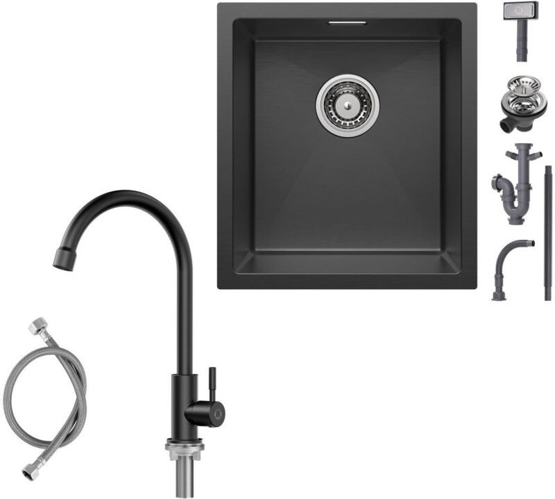 40×44CM Unterbau-Küchenspüle Anthrazitschwarz Edelstahls mit Kaltwasser-Küchenarmatur Schwarz Hochdruck-Küchenhahn Höhe ...