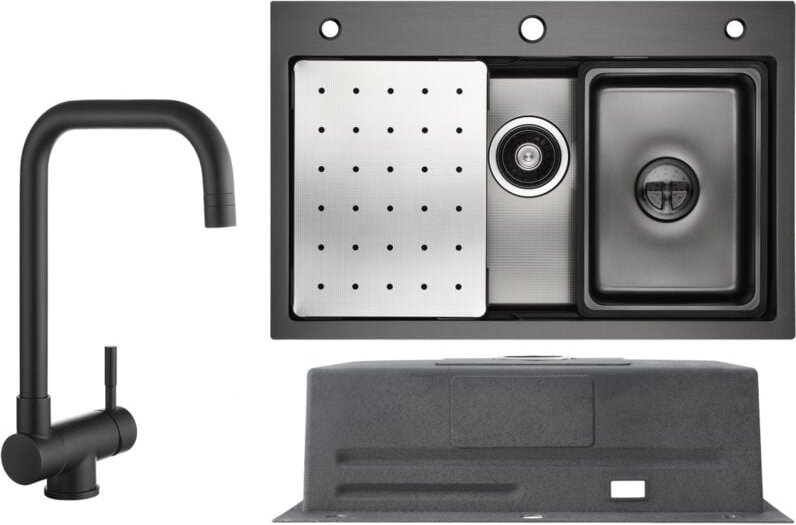Cecipa Max - Küchenspüle aus Edelstahl 70x45cm Anthrazitschwarz Mit Abtropffläche + Fenster-Küchenarmatur Schwarz Hohe 3...