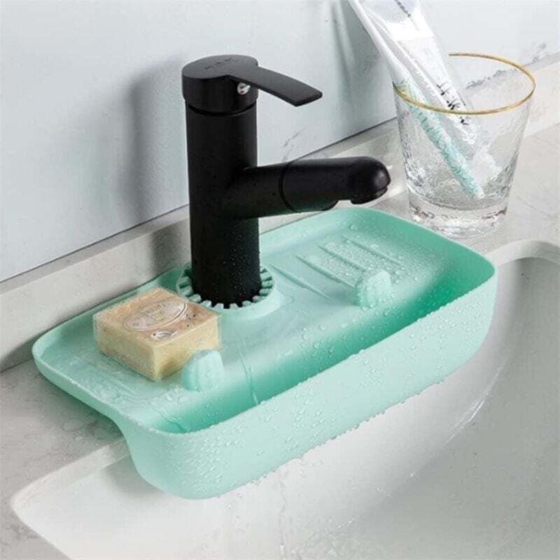 Tapis De Séchage En Silicone Avec Poignée Robinet Porte Éponge Pour Évier Cuisine Salle De Bain Bleu