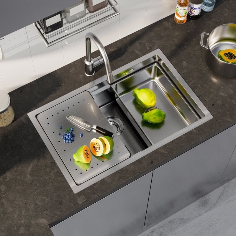 Spülen mit 1 Becken 70 x 44 x 21 cm, Küchenspüle, Gebürsteter Edelstahl, Einbauspüle, Küchenspüle mit Abtropffläche und ...