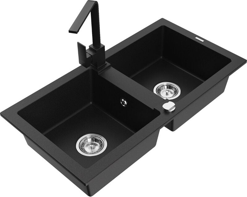 Mario 2-Becken-Granitspüle mit Mischbatterie Rita, Schwarz - 6504-77-670300-70 - Mexen