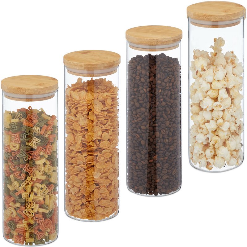 Relaxdays - Vorratsgläser mit Bambusdeckel, 4er Set, runde Vorratsdosen aus Glas, 1600 ml, luftdicht, transparent/natur