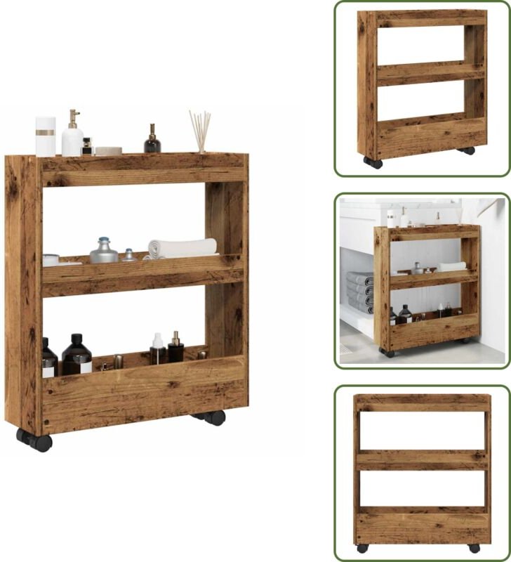 The Living Store Aufbewahrungswagen Schmal 3 Etagen Altholz-Optik Holzwerkstoff - Schrank