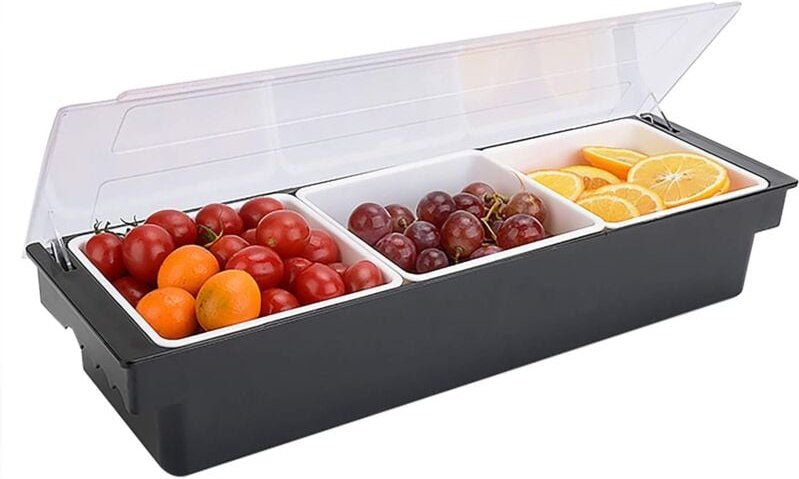 Zutatenbehälter Set 3-teilig Barbeilagenbehälter mit Deckel 3X 400 ml Fächer für Zitronen, Obst, Oliven und Cocktail Zut...