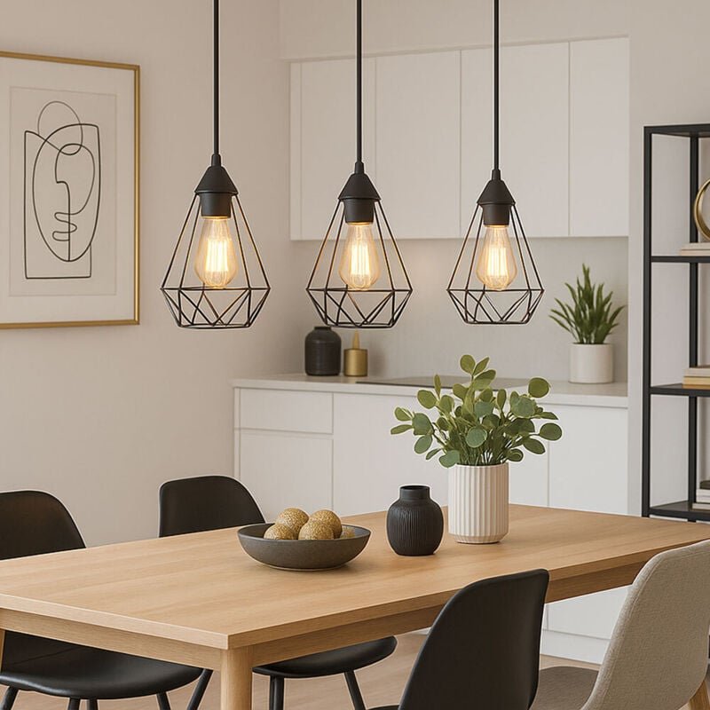 LED Hängeleuchte 3-Flammig schwarz Pendelleuchte Retro Diamantgitter Esszimmerleuchte, Metall, 3x 6W 806Lm warmweiß, LxB...