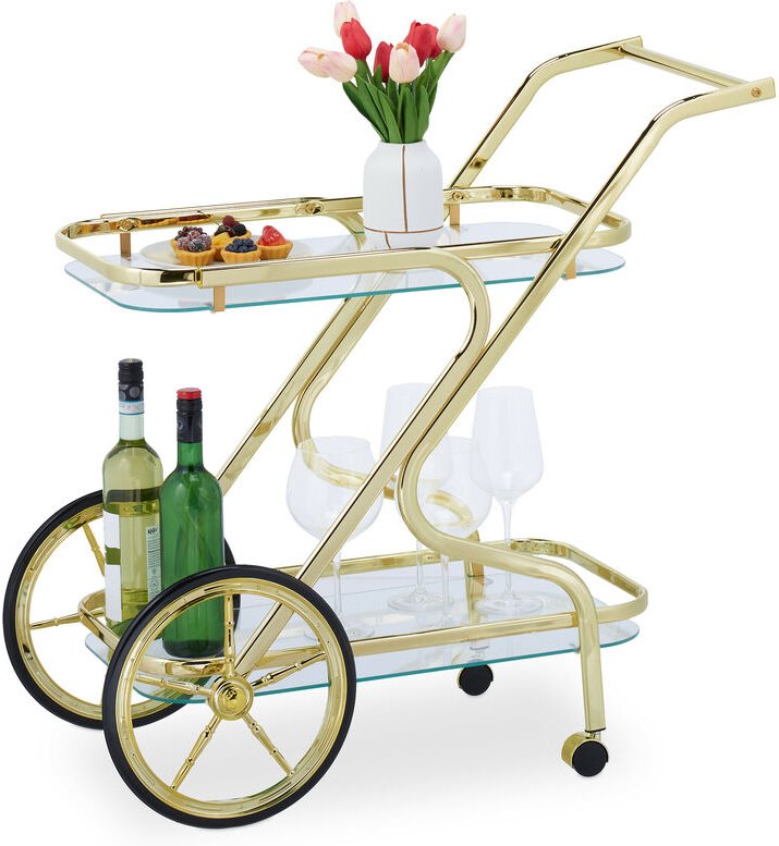 Relaxdays Servierwagen, 2 Etagen, Küchenwagen mit Rädern & Rollen, Glas & Eisen, HBT: 80 x 43 x 85 cm, Barwagen, messing