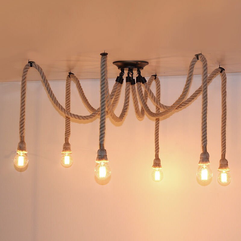 Industrie Vintage Kronleuchter Hanfseil DIY Pendelleuchte Höhenverstellbar Hängeleuchte 6 Flamme Deckenlampe