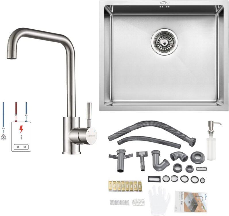 Spülbecken Edelstahl, Spüle Küche 1 becken 50 x 43 cm + Niederdruck Küchenarmatur, für ab 60er Unterschrank