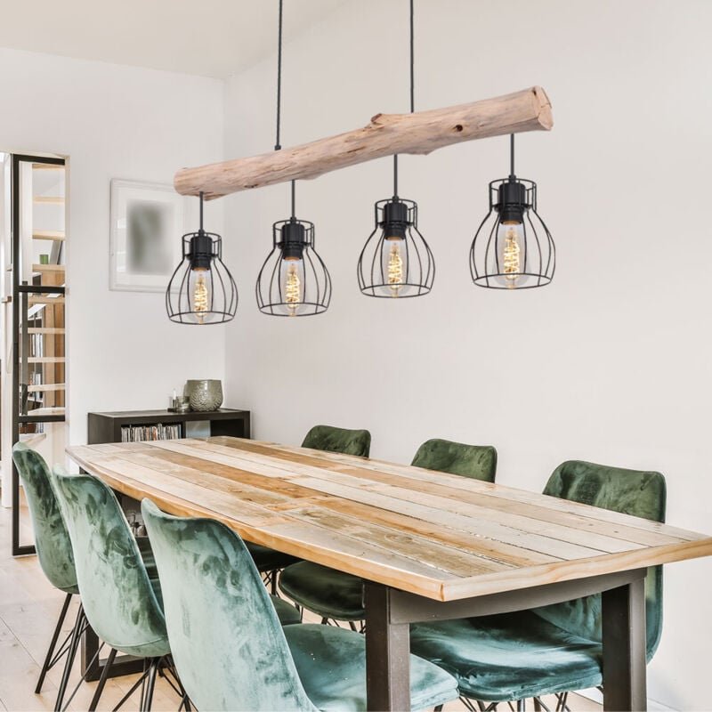 Led Hängelampe Holzbalken Pendelleuchte 4 flammig Esstischlampe Käfig Design, Metall schwarz, 4x 7W 4x 806lm warmweiß, L...