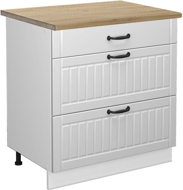 Vicco - Küchenunterschrank Fame-Line, Weiß Landhaus, 80 cm mit 3 Schubladen, ap Eiche