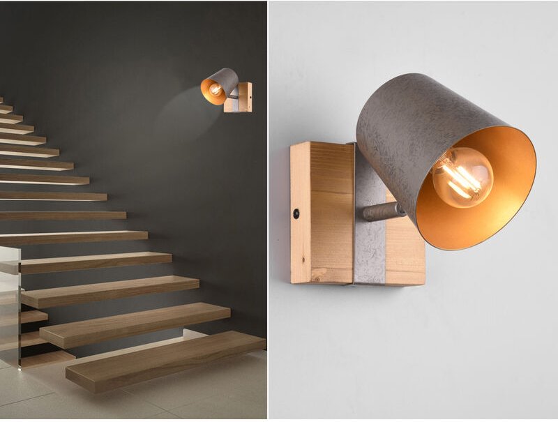 Meinewunschleuchte - led Wandstrahler Silber antik & Gold mit Holz Industrial Style, Breite 11cm