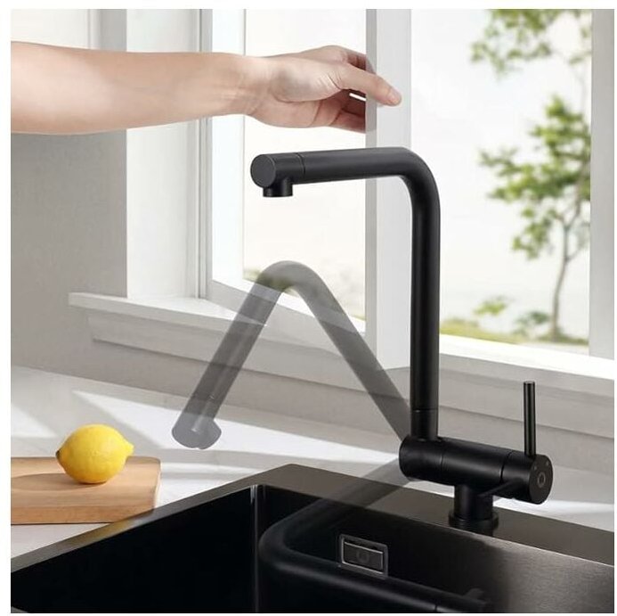 Thumbnail - Wasserhahn Küche Schwarz, Vorfenster Küchenarmatur Schwarz Matt, Flexible Mischbatterie Küche 360° Drehbare/180° Faltbar...