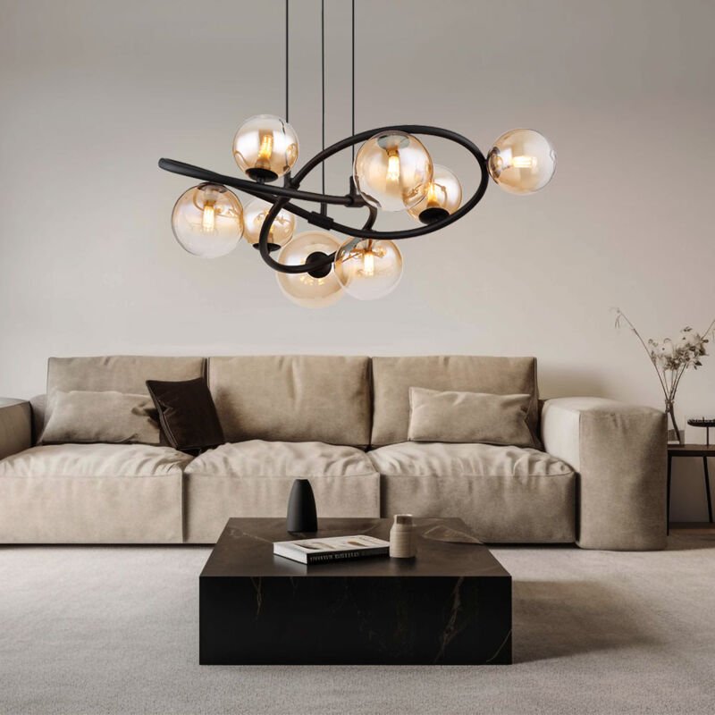 Pendellampe 8 flammig led Hängeleuchte Esstischlampe Retro Wohnzimmerlampe, schwarz, Glaskugeln amber, 8x 3,5W 8x 350lm ...
