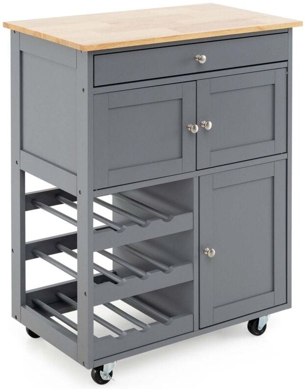 Kuchenwagen mit schubladen und 3 stufigem weinregal grau