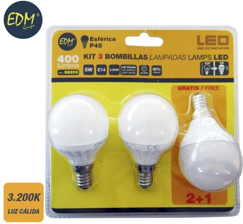 EDM - Kit mit 3 sphärischen LED-Lampen E14 5 w 400 lm 3200 k warmes Licht Ø4,5 x 8 cm