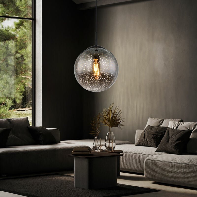 Hängeleuchte Kugel schwarz Pendelleuchte Esstisch Rauchglas Hängelampe Glas Retro, Höhenverstellbar, Sternen-Effekt, 1x ...
