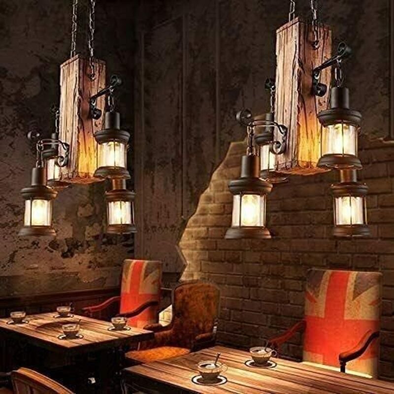 4 Heads Retro Industrie Pendellampe Kronleuchter Retro Industrie Eisen Deckenleuchte Höhenverstellbar E27 Holz Eisen Gla...