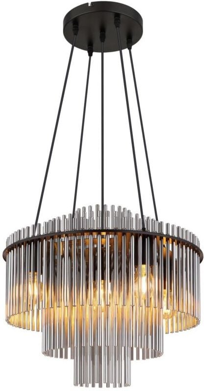 Kronleuchter Glasstäbe rauch klar Esszimmerleuchte Luster Wohnzimmerlampe Rauchglas, Metall schwarz, 5x E27 Fassung, DxH...