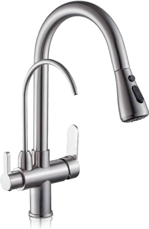 3-Wege-Umkehrosmose-Wasserhahn, ausziehbar, geschwungene Linien Serie Apolo gebürstetes Nickel