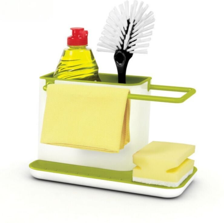 Spülbecken-Organizer/Aufbewahrungseinheit aus Kunststoff mit integrierter Abtropffläche, Halterung für Schwamm, Bürste, ...