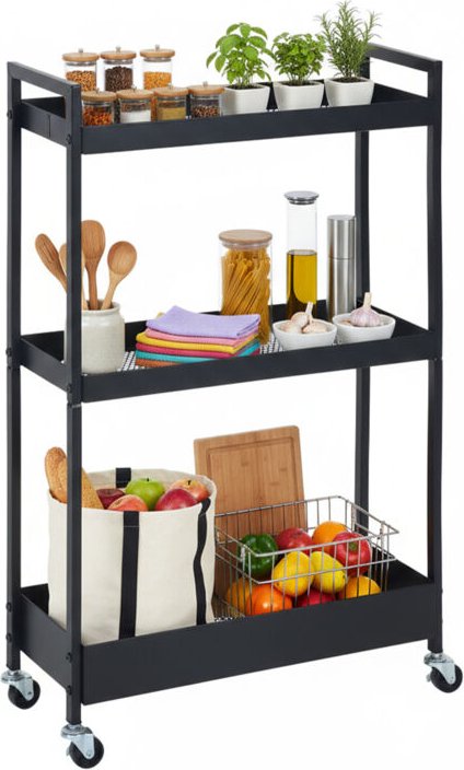 Relaxdays Nischenwagen, 3 Ebenen, Mesh-Design, HBT: 85 x 20 x 50 cm, Badezimmer, Küche, Metall, Rollwagen, schwarz