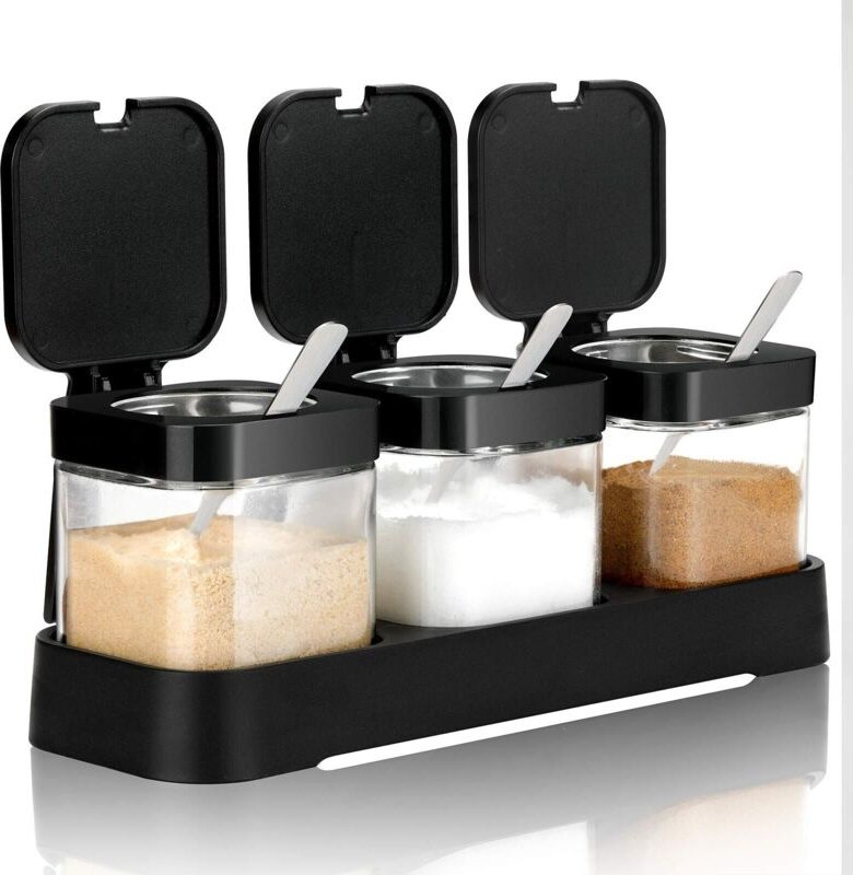 Gewürzglas, Gewürzbehälter mit Deckel und Löffel, 227 ml, klares Glas, Gewürzgläser, Salzbehälter, Zuckerdose, 3er-Set