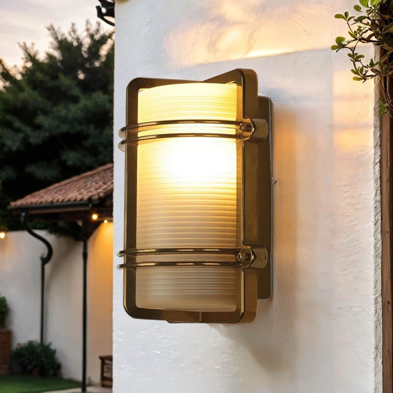 Außenlampe Wand Haus Hof IP54 E27 Glas Echt-Messing Maritim Außenwandlampe