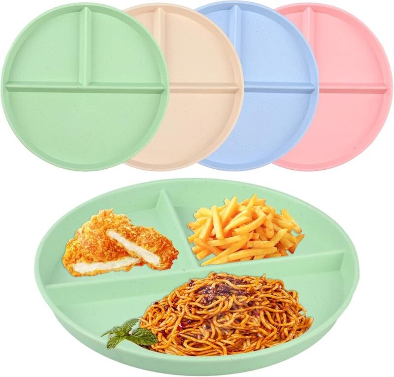 4-teiliges Teller-Set für Erwachsene mit Unterteilung, 22,5 cm flacher Teller mit 3 Fächern, ideal für Diät-Snacks, mikr...