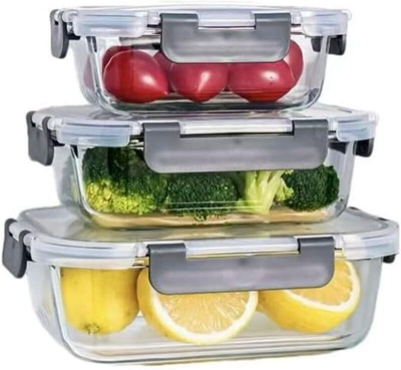 Set aus 3 Glasbehältern mit transparenten schwarzen Deckeln, luftdicht, mikrowellengeeignet, zur Zubereitung von Mahlzei...