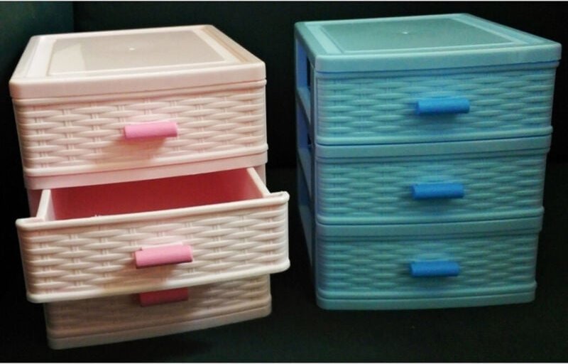 Trade Shop Traesio - Trade Shop - Kommode mit 3 Schubladen, Kunststoff, Korbgeflecht-Effekt, Objekthalter, Kleinteilebox...