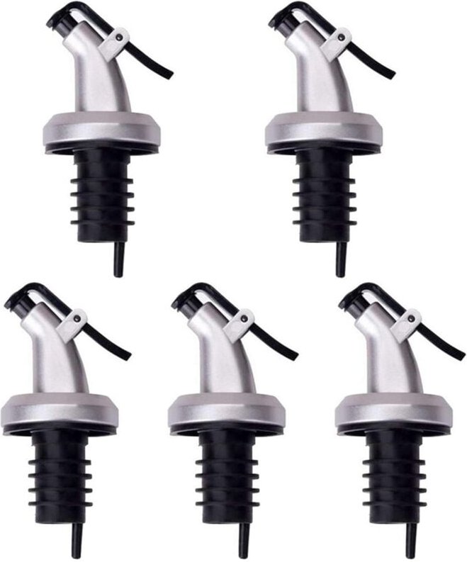 Set mit 5 Verschlusskappen mit Öl-/Essigtropfer, Polypropylen/ABS, 8,5x3 cm, schwarz/silber